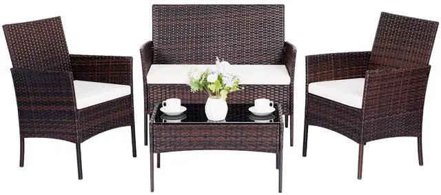 Main image of Patio Furniture Set 4 Pieces, Outdoor Rattan Furniture with Tempered Glass Coffee Table, Modern Rattan Patio Chairs Conversation Sets with Sofa for Garden, Terrace, Porch, Lawns Brown/Beige