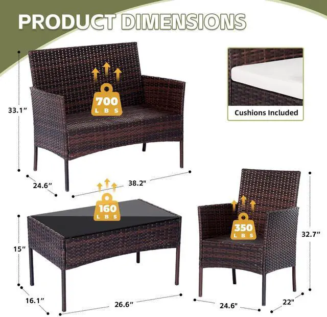Alt view image 2 of 6 - Patio Furniture Set 4 Pieces, Outdoor Rattan Furniture with Tempered Glass Coffee Table, Modern Rattan Patio Chairs Conversation Sets with Sofa for Garden, Terrace, Porch, Lawns Brown/Beige