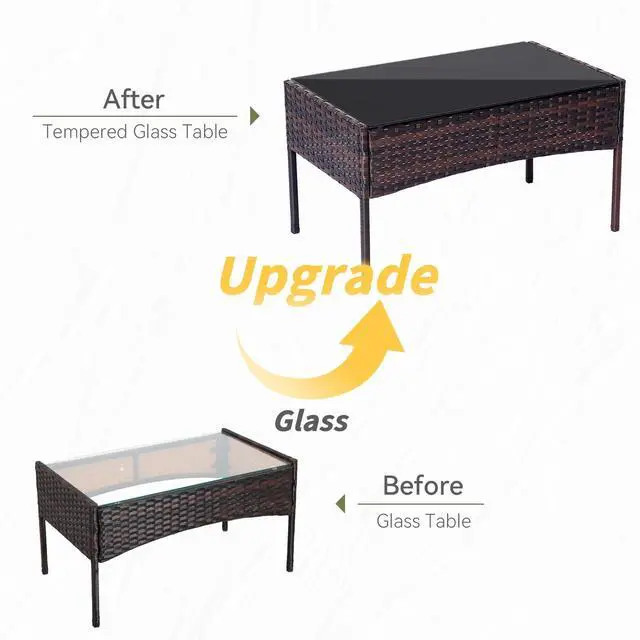Alt view image 3 of 6 - Patio Furniture Set 4 Pieces, Outdoor Rattan Furniture with Tempered Glass Coffee Table, Modern Rattan Patio Chairs Conversation Sets with Sofa for Garden, Terrace, Porch, Lawns Brown/Beige