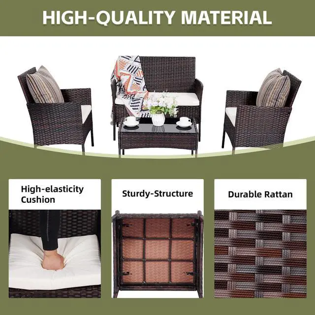 Alt view image 4 of 6 - Patio Furniture Set 4 Pieces, Outdoor Rattan Furniture with Tempered Glass Coffee Table, Modern Rattan Patio Chairs Conversation Sets with Sofa for Garden, Terrace, Porch, Lawns Brown/Beige