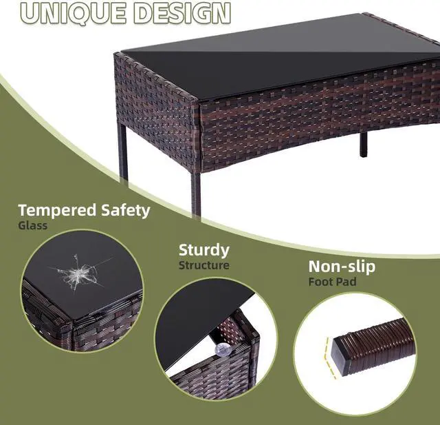 Alt view image 5 of 6 - Patio Furniture Set 4 Pieces, Outdoor Rattan Furniture with Tempered Glass Coffee Table, Modern Rattan Patio Chairs Conversation Sets with Sofa for Garden, Terrace, Porch, Lawns Brown/Beige