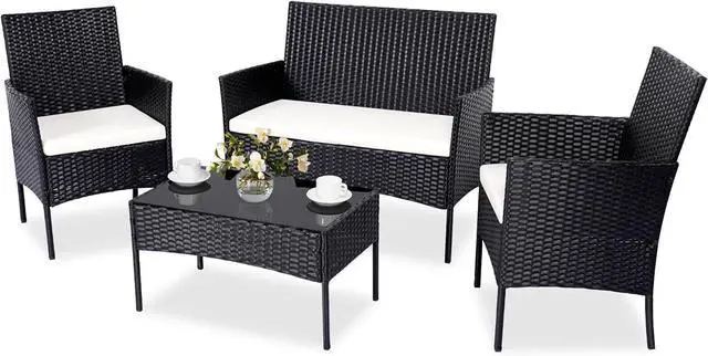 Main image of Patio Furniture Set 4 Pieces, Outdoor Rattan Furniture with Tempered Glass Coffee Table, Modern Rattan Patio Chairs Conversation Sets with Sofa for Garden, Terrace, Porch, Lawns