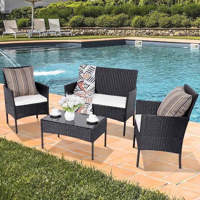 Alt view image 2 of 6 - Patio Furniture Set 4 Pieces, Outdoor Rattan Furniture with Tempered Glass Coffee Table, Modern Rattan Patio Chairs Conversation Sets with Sofa for Garden, Terrace, Porch, Lawns