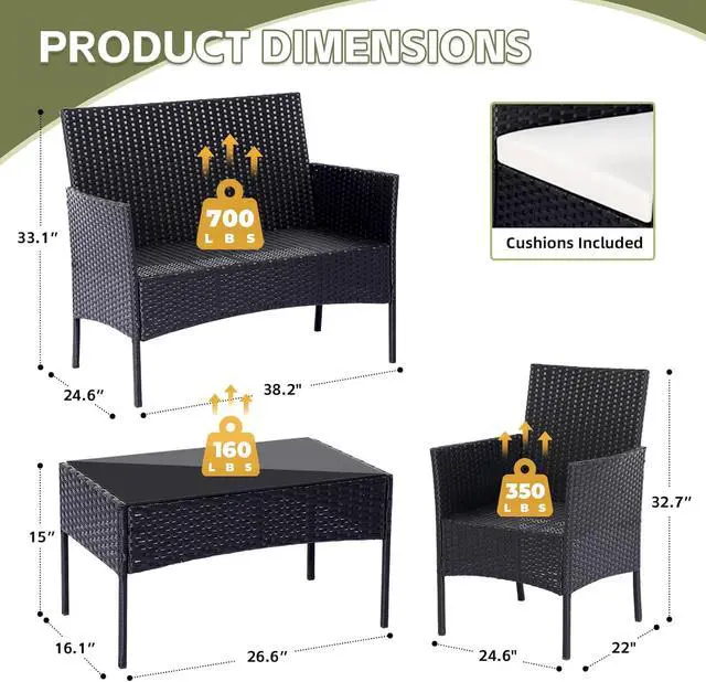 Alt view image 3 of 6 - Patio Furniture Set 4 Pieces, Outdoor Rattan Furniture with Tempered Glass Coffee Table, Modern Rattan Patio Chairs Conversation Sets with Sofa for Garden, Terrace, Porch, Lawns