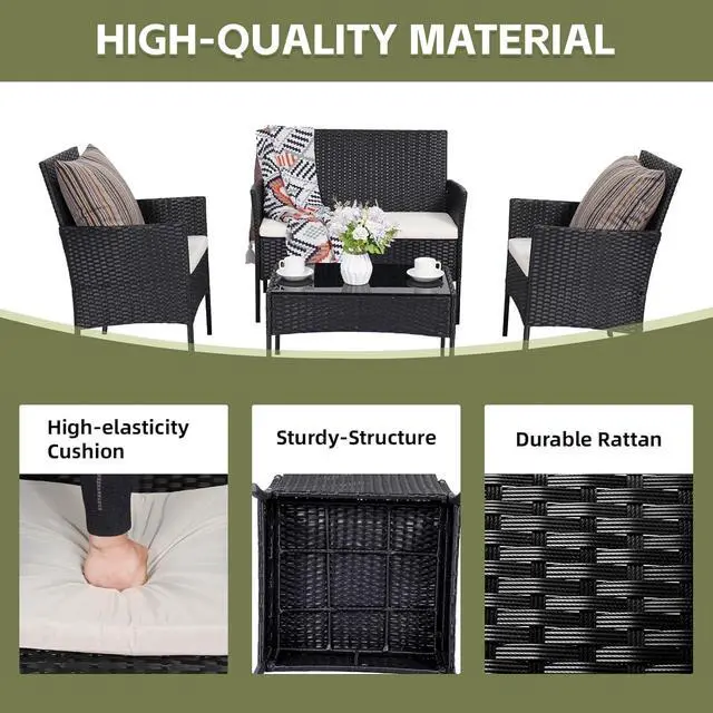 Alt view image 5 of 6 - Patio Furniture Set 4 Pieces, Outdoor Rattan Furniture with Tempered Glass Coffee Table, Modern Rattan Patio Chairs Conversation Sets with Sofa for Garden, Terrace, Porch, Lawns