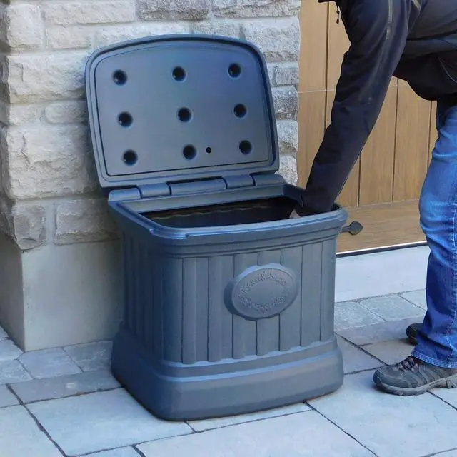 Alt view image 5 of 6 - 26 Gallon Ice Melt Outdoor Storage Bin Container for Sand, Salt, Gardening Supplies, Animal Bird, Bird Seed, and More, Granite Gray