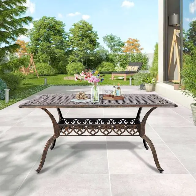 Alt view image 2 of 6 - Cast Aluminum Patio Dining Table 59'' - Outdoor Dining Rectangle Table Weather-Resistant Table with 2.0" Umbrella Hole for Balcony Lawn Garden Backyard Outdoor Furniture(59" Lx35.2 Wx 28.4" H)