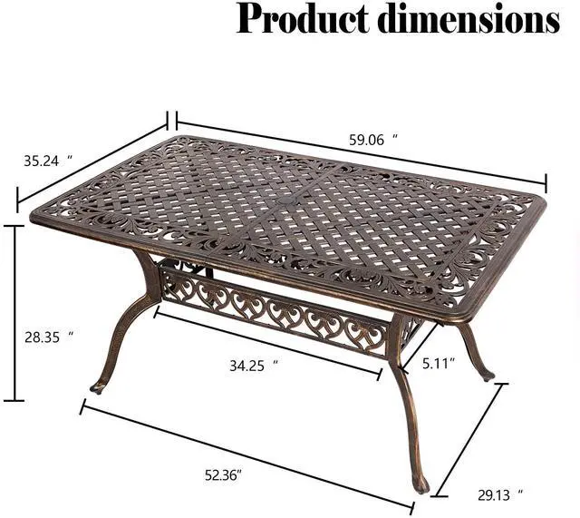 Alt view image 3 of 6 - Cast Aluminum Patio Dining Table 59'' - Outdoor Dining Rectangle Table Weather-Resistant Table with 2.0" Umbrella Hole for Balcony Lawn Garden Backyard Outdoor Furniture(59" Lx35.2 Wx 28.4" H)