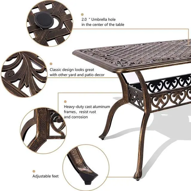 Alt view image 4 of 6 - Cast Aluminum Patio Dining Table 59'' - Outdoor Dining Rectangle Table Weather-Resistant Table with 2.0" Umbrella Hole for Balcony Lawn Garden Backyard Outdoor Furniture(59" Lx35.2 Wx 28.4" H)