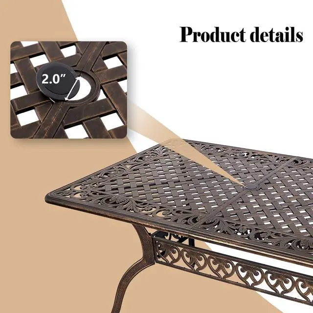 Alt view image 5 of 6 - Cast Aluminum Patio Dining Table 59'' - Outdoor Dining Rectangle Table Weather-Resistant Table with 2.0" Umbrella Hole for Balcony Lawn Garden Backyard Outdoor Furniture(59" Lx35.2 Wx 28.4" H)