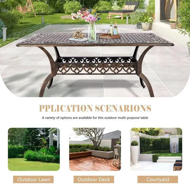 Alt view image 6 of 6 - Cast Aluminum Patio Dining Table 59'' - Outdoor Dining Rectangle Table Weather-Resistant Table with 2.0" Umbrella Hole for Balcony Lawn Garden Backyard Outdoor Furniture(59" Lx35.2 Wx 28.4" H)