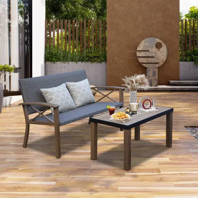 Main image of Domi Aluminum Patio Furniture Set, 2-Piece Modern Conversation Set with Cotton Padding Backrests and Seats, Outdoor Loveseat Metal Sofa Set with 5.5 Inch Cushion and Coffee Table for Balcony, Garden