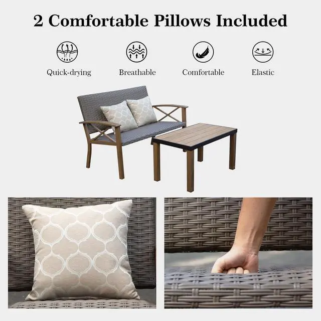 Alt view image 3 of 6 - Domi Aluminum Patio Furniture Set, 2-Piece Modern Conversation Set with Cotton Padding Backrests and Seats, Outdoor Loveseat Metal Sofa Set with 5.5 Inch Cushion and Coffee Table for Balcony, Garden