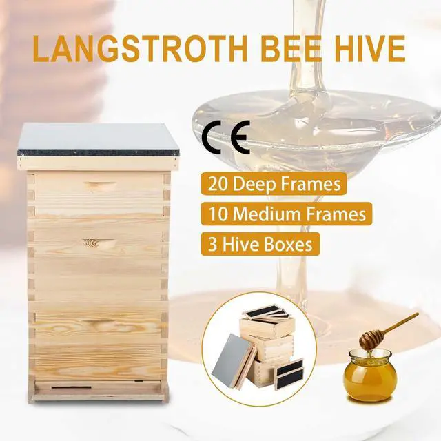 Alt view image 2 of 6 - Bee Hive Boxes Starter Kit, 3 Layer Bee House with 10 Medium and 20 Deep Frames & Foundations, Langstroth Beehive for Bee Keeping, Beekeeping Supplies with Plastic Queen Excluder and Nails