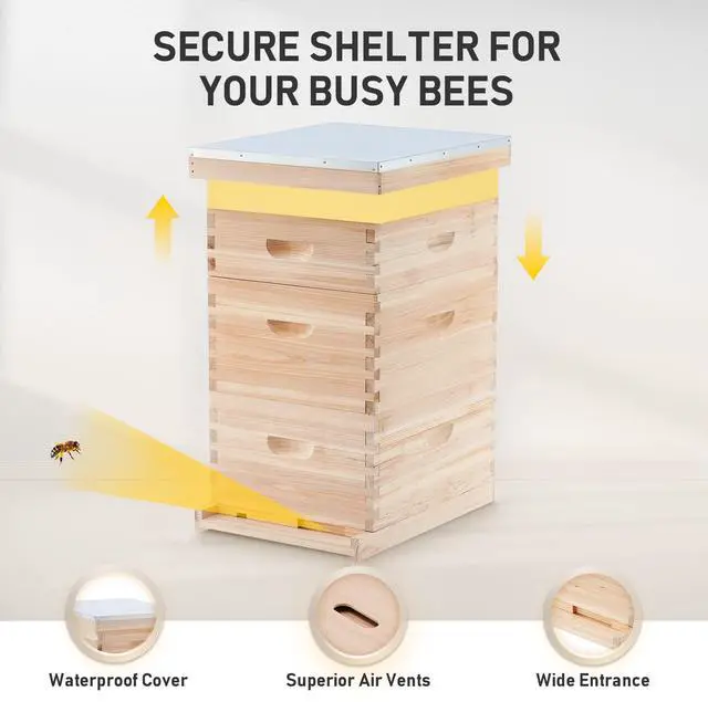 Alt view image 3 of 6 - Bee Hive Boxes Starter Kit, 3 Layer Bee House with 10 Medium and 20 Deep Frames & Foundations, Langstroth Beehive for Bee Keeping, Beekeeping Supplies with Plastic Queen Excluder and Nails