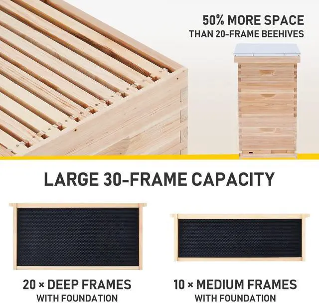 Alt view image 4 of 6 - Bee Hive Boxes Starter Kit, 3 Layer Bee House with 10 Medium and 20 Deep Frames & Foundations, Langstroth Beehive for Bee Keeping, Beekeeping Supplies with Plastic Queen Excluder and Nails
