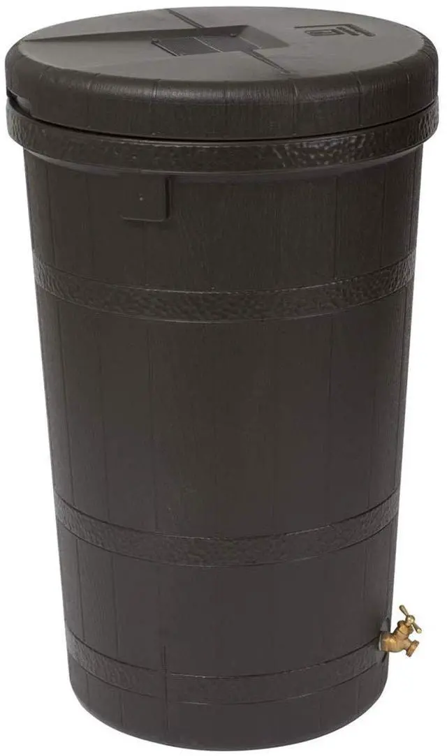 Main image of Aspen 50 Gallon Capacity Outdoor Rain Barrel Water Storage Collector Saver with Brass Spigot and Removable Lid, Oak Brown