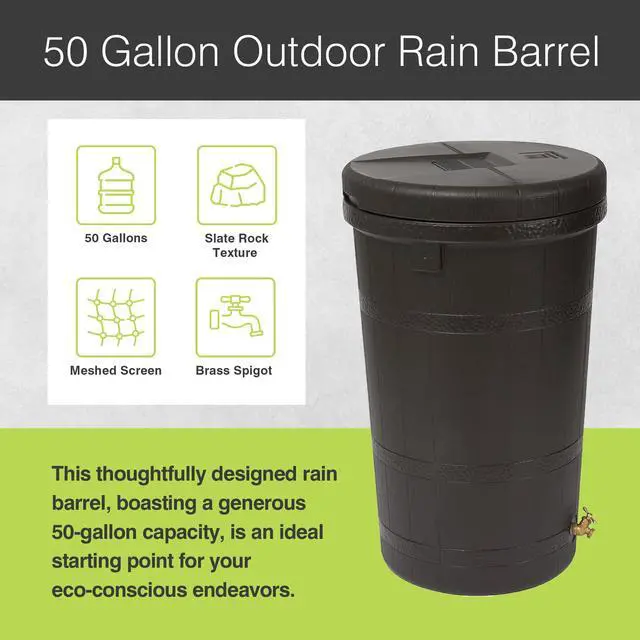 Alt view image 2 of 6 - Aspen 50 Gallon Capacity Outdoor Rain Barrel Water Storage Collector Saver with Brass Spigot and Removable Lid, Oak Brown