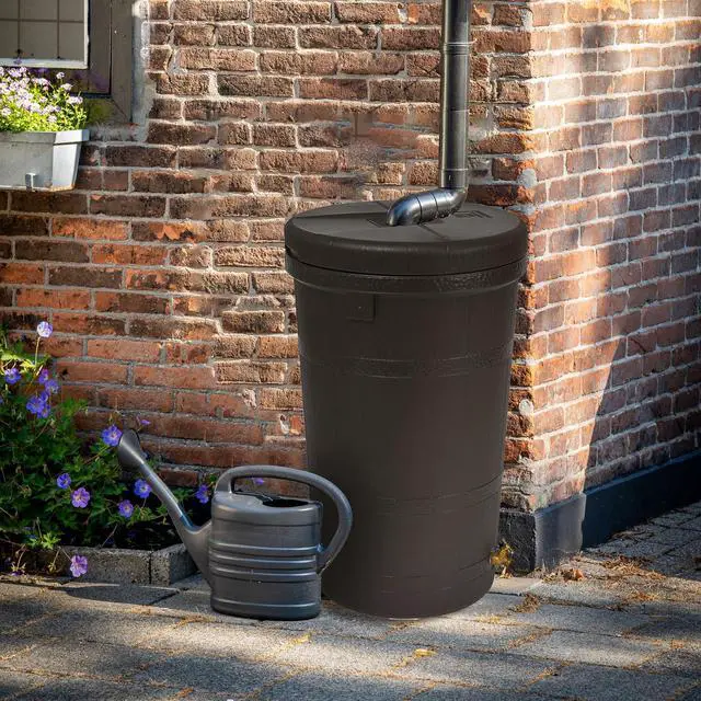 Alt view image 4 of 6 - Aspen 50 Gallon Capacity Outdoor Rain Barrel Water Storage Collector Saver with Brass Spigot and Removable Lid, Oak Brown