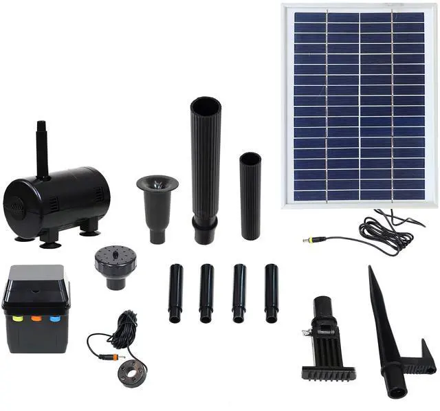 Main image of Sunnydaze 132 GPH Outdoor Solar Pump and Panel Fountain Kit with Battery Pack and LED Light - 56-Inch Lift