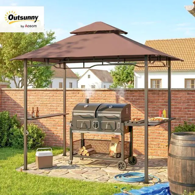 Alt view image 2 of 6 - 8' x 5' Grill Gazebo with Double Roof, Outdoor BBQ Gazebo with 2 Side Shelves, Steel Grill Tent Canopy for Patio Yard Garden, Coffee