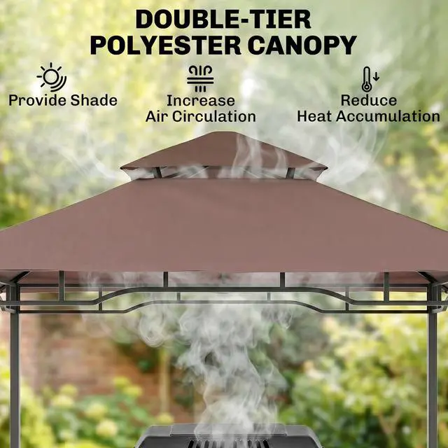 Alt view image 3 of 6 - 8' x 5' Grill Gazebo with Double Roof, Outdoor BBQ Gazebo with 2 Side Shelves, Steel Grill Tent Canopy for Patio Yard Garden, Coffee