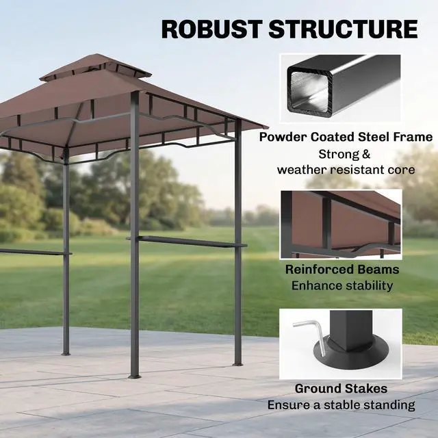 Alt view image 6 of 6 - 8' x 5' Grill Gazebo with Double Roof, Outdoor BBQ Gazebo with 2 Side Shelves, Steel Grill Tent Canopy for Patio Yard Garden, Coffee