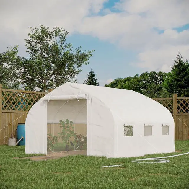 Alt view image 2 of 6 - 11.5' x 10' x 6.5' Walk-in Tunnel Greenhouse, Green House with Zippered Mesh Door, 7 Mesh Windows & Roll-up Sidewalls, Upgraded Gardening Plant Hot House with Galvanized Steel Hoops, White