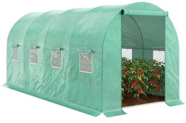 Main image of 15' x 7' x 6.5' Walk-in Tunnel Hoop Greenhouse, Green House for Outside with PE Cover, Steel Frame, Roll-Up Zipper Door & Windows for Flowers, Vegetables, Tropical Plants, Green