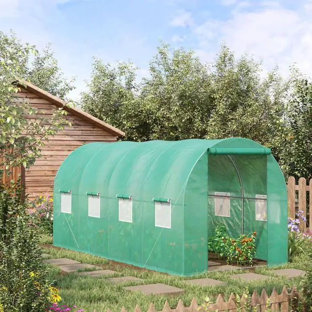 Alt view image 2 of 6 - 15' x 7' x 6.5' Walk-in Tunnel Hoop Greenhouse, Green House for Outside with PE Cover, Steel Frame, Roll-Up Zipper Door & Windows for Flowers, Vegetables, Tropical Plants, Green
