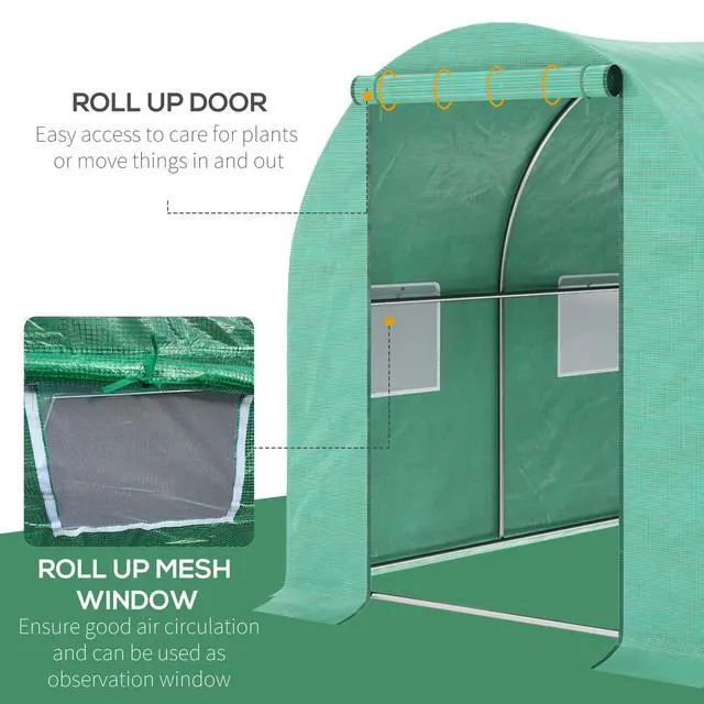Alt view image 3 of 6 - 15' x 7' x 6.5' Walk-in Tunnel Hoop Greenhouse, Green House for Outside with PE Cover, Steel Frame, Roll-Up Zipper Door & Windows for Flowers, Vegetables, Tropical Plants, Green