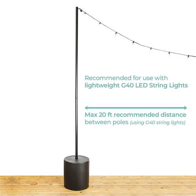 Alt view image 3 of 6 - Outdoor String Light Pole Stand - 9.5 Feet, Black, Heavy-Duty with Freestanding Tank Base for Grass, Patio, Deck, Events