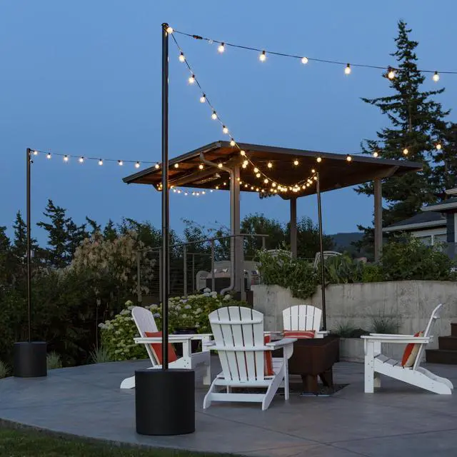 Alt view image 5 of 6 - Outdoor String Light Pole Stand - 9.5 Feet, Black, Heavy-Duty with Freestanding Tank Base for Grass, Patio, Deck, Events