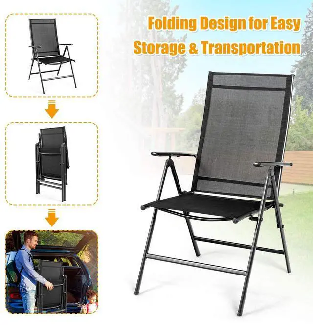 Alt view image 4 of 6 - Set of 4 Patio Dining Chairs, Folding Outdoor Chairs, Portable Camping Chairs with Breathable Fabric, Foldable Chairs with Armrest High Backrest for Garden Patio Pool Beach Yard, Black