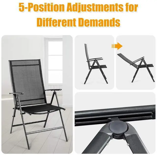 Alt view image 5 of 6 - Set of 4 Patio Dining Chairs, Folding Outdoor Chairs, Portable Camping Chairs with Breathable Fabric, Foldable Chairs with Armrest High Backrest for Garden Patio Pool Beach Yard, Black