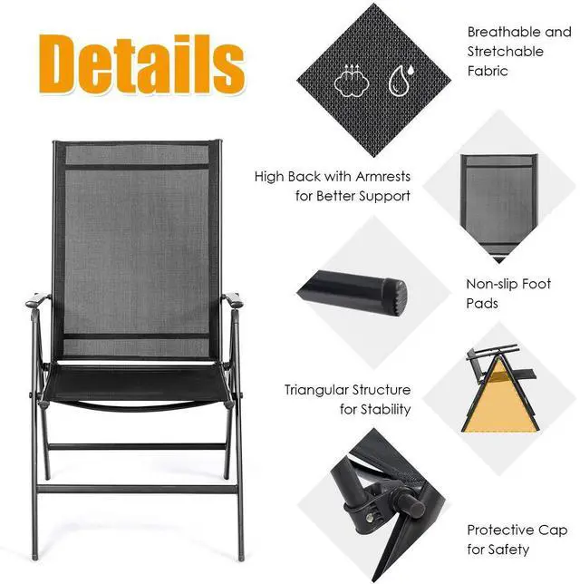 Alt view image 6 of 6 - Set of 4 Patio Dining Chairs, Folding Outdoor Chairs, Portable Camping Chairs with Breathable Fabric, Foldable Chairs with Armrest High Backrest for Garden Patio Pool Beach Yard, Black