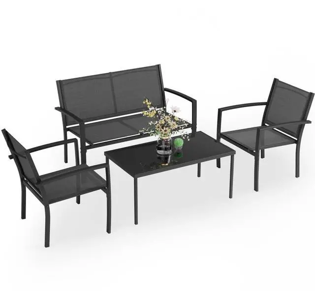 Main image of 4 Pieces Patio Furniture Set, Outdoor Conversation Sets for Patio, Lawn, Garden, Poolside with A Glass Coffee Table, Black