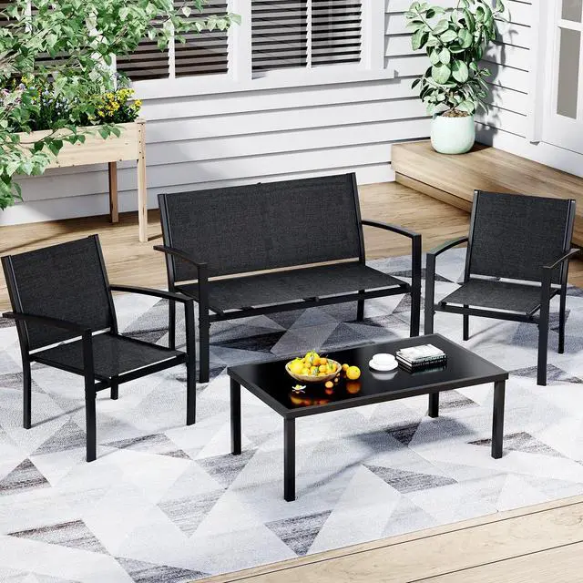 Alt view image 2 of 6 - 4 Pieces Patio Furniture Set, Outdoor Conversation Sets for Patio, Lawn, Garden, Poolside with A Glass Coffee Table, Black