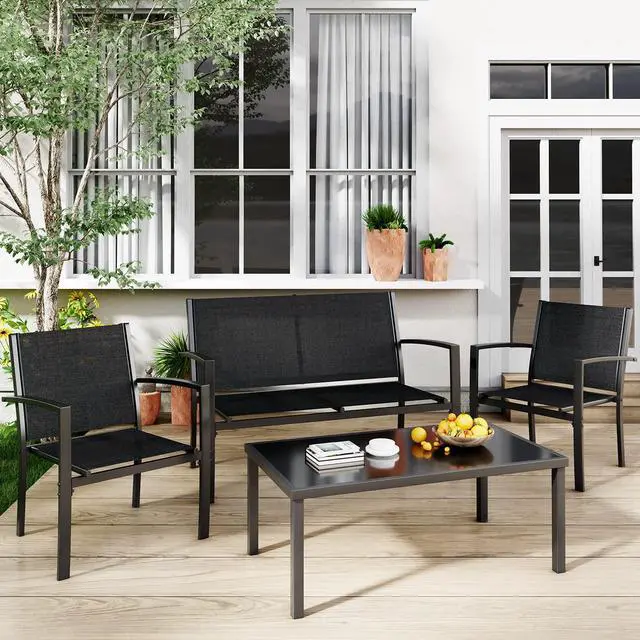Alt view image 3 of 6 - 4 Pieces Patio Furniture Set, Outdoor Conversation Sets for Patio, Lawn, Garden, Poolside with A Glass Coffee Table, Black