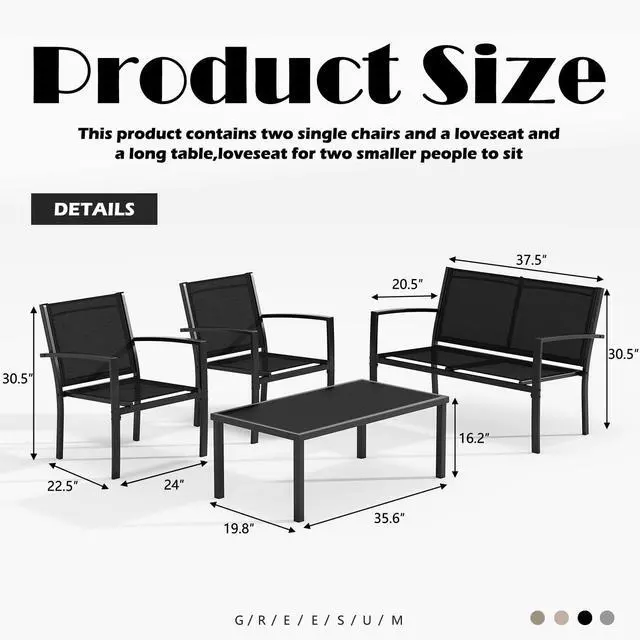 Alt view image 4 of 6 - 4 Pieces Patio Furniture Set, Outdoor Conversation Sets for Patio, Lawn, Garden, Poolside with A Glass Coffee Table, Black