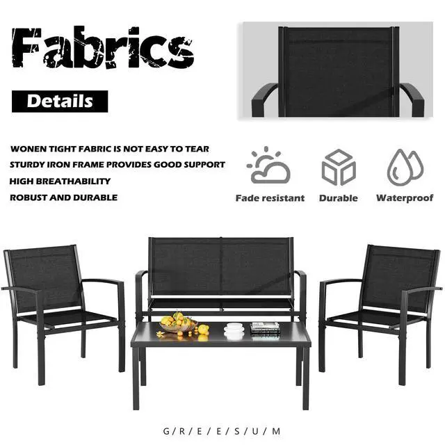 Alt view image 5 of 6 - 4 Pieces Patio Furniture Set, Outdoor Conversation Sets for Patio, Lawn, Garden, Poolside with A Glass Coffee Table, Black