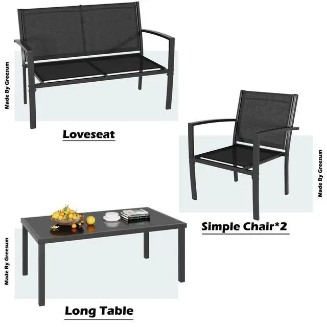 Alt view image 6 of 6 - 4 Pieces Patio Furniture Set, Outdoor Conversation Sets for Patio, Lawn, Garden, Poolside with A Glass Coffee Table, Black