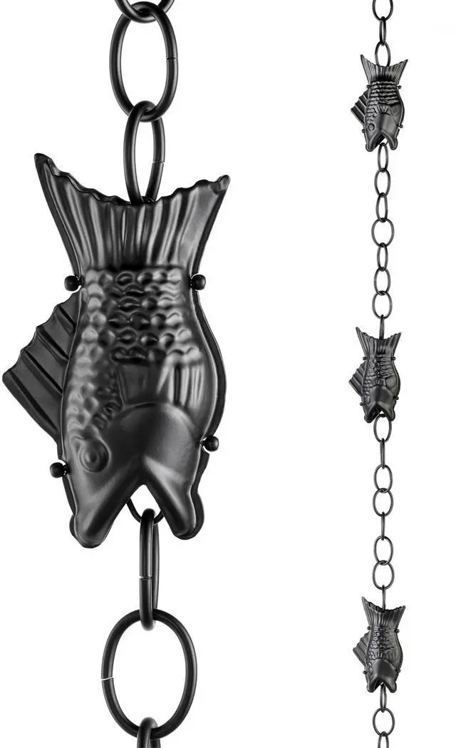 Main image of Fish Black Aluminum 8.5 ft. Rain Chain with Gutter Installation Clip by