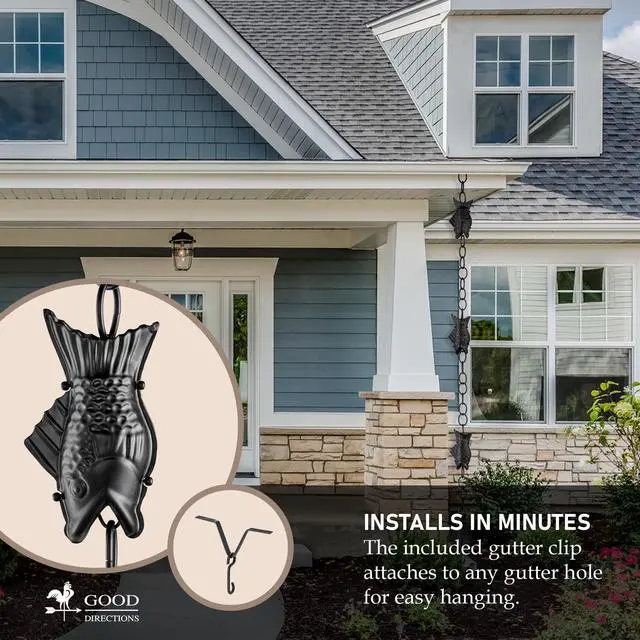Alt view image 3 of 6 - Fish Black Aluminum 8.5 ft. Rain Chain with Gutter Installation Clip by