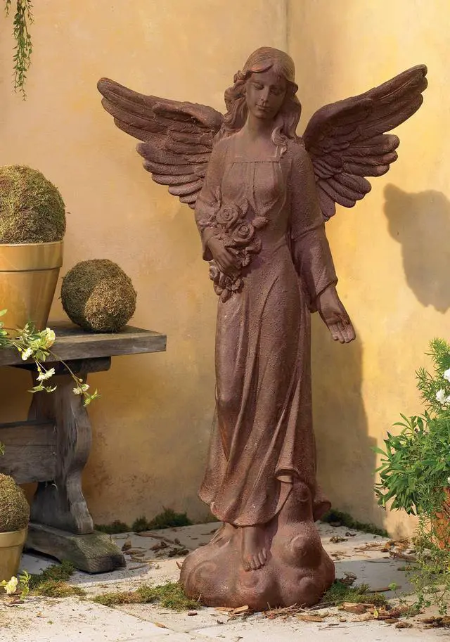 Alt view image 2 of 6 - Large Tall English Tudor Angel Garden Statue Sculpture Catholic Religious Holy Decor Outdoor Garden Front Porch Patio Yard Outside Home House Iron Rust Finish Resin 41 1/2" High