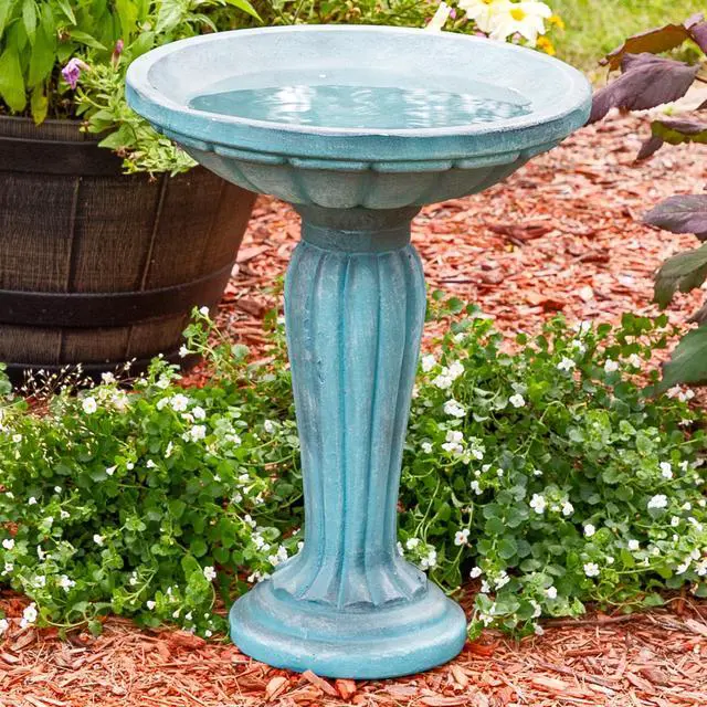 Alt view image 6 of 6 - Sunnydaze 20.25 H Concrete Bird Bath for Outdoors - Grecian Column Pedestal Bird Bath with Glass Fiber Reinforced Concrete Construction - Patina Green