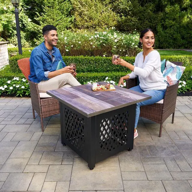 Alt view image 3 of 6 - Nate 30 Inch Square Liquefied Petroleum Gas Fire Pit Table with Hidden Control Panel, White Fire Glass and Cover, Black