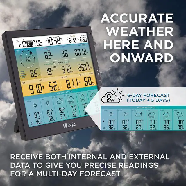 Alt view image 4 of 6 - 21-in-1 Wireless Weather Station with 7-in-1 Solar Sensor Array, 6-Day Forecast, Wi-Fi, Large 10" Color Display, Wind Speed/Direction, Rainfall, UV Index, Light Intensity, Temperature & Humidity