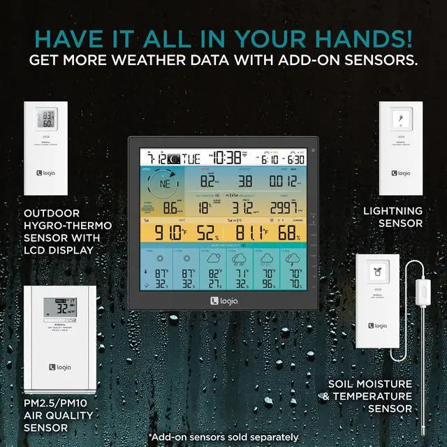 Alt view image 5 of 6 - 21-in-1 Wireless Weather Station with 7-in-1 Solar Sensor Array, 6-Day Forecast, Wi-Fi, Large 10" Color Display, Wind Speed/Direction, Rainfall, UV Index, Light Intensity, Temperature & Humidity