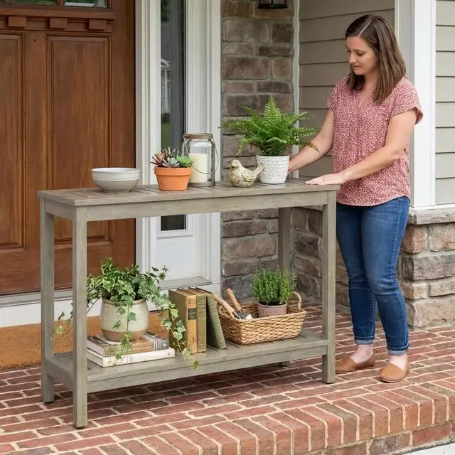 Alt view image 2 of 6 - Outdoor Living Eucalyptus Wood Console Table, Two-Shelf Outdoor Buffet, Driftwood Gray Weather-Resistant Finish
